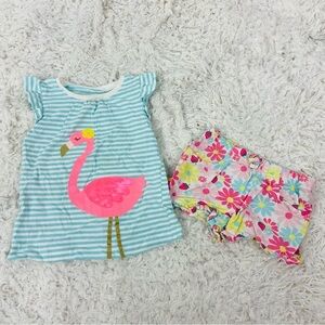 Carter's Blue and White Striped flamingo ruffle Top with pink floral shorts 3T